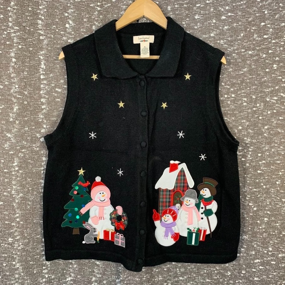 Vintage Bechamel Christmas Knit Sweater Vest Snowman Holiday Women's XL